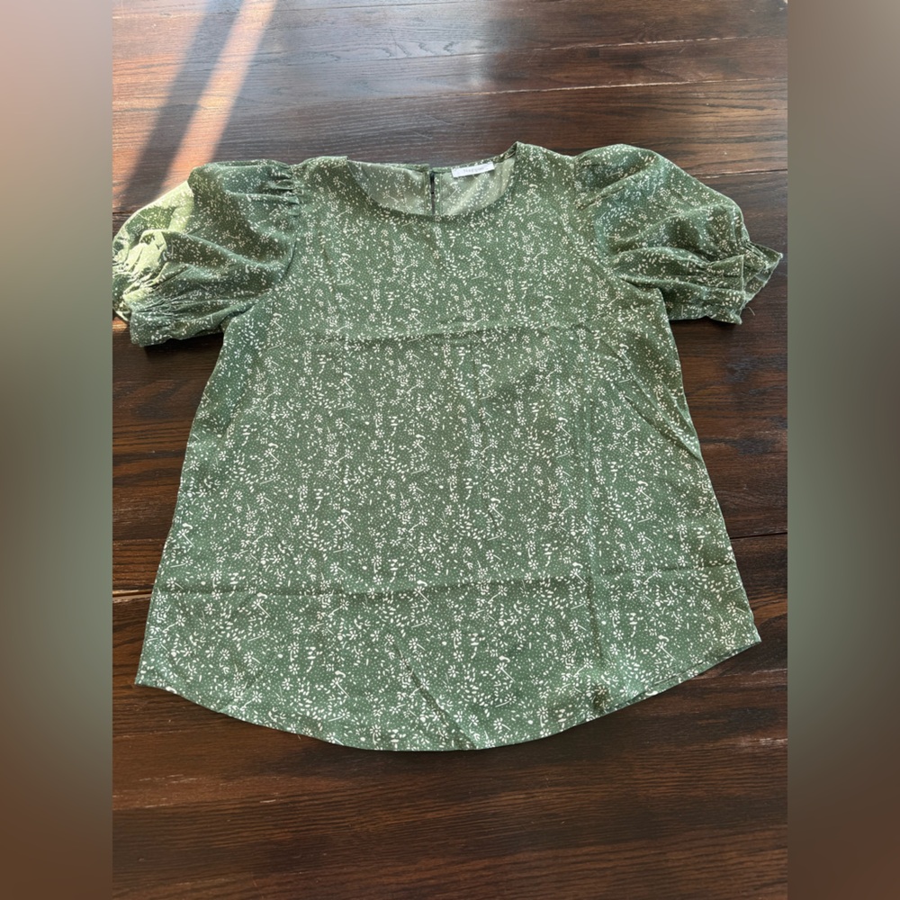 Naggoo Sage Green Floral Puff Sleeve Blouse Medium Cottagecore Top
